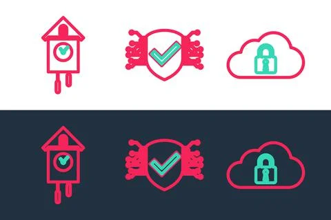Set line Cloud computing lock, Retro wall watch and Cyber security icon. Vector 스톡 일러스트