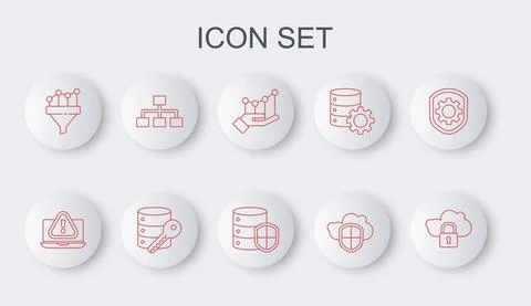 Set line Cloud computing lock, Laptop with exclamation mark, Pie chart Illustrazione stock