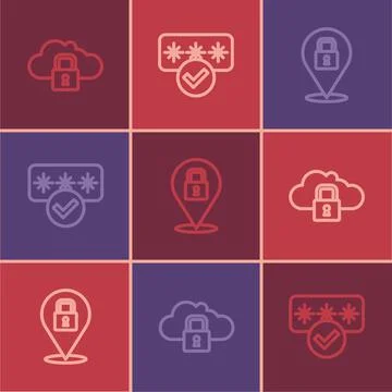 Set line Cloud computing lock, Lock and Password protection icon. Vector Stock Illustration