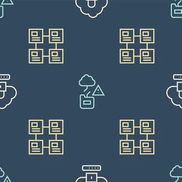 Set line Cloud computing lock, Hierarchy organogram chart and technology data Stock Illustration