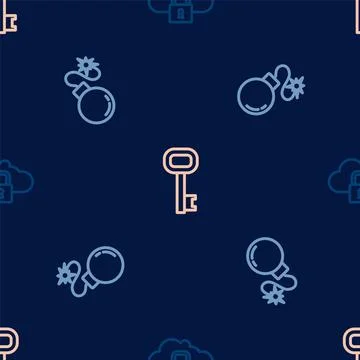 Set line Cloud computing lock, Bomb and Old key on seamless pattern. Vector Stockillustratie