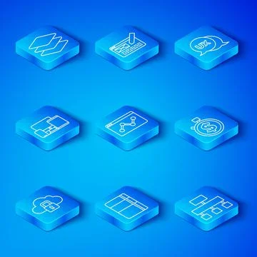 Set line Cloud computing lock, Website statistic, Sketchbook or album, Time Stock Illustration