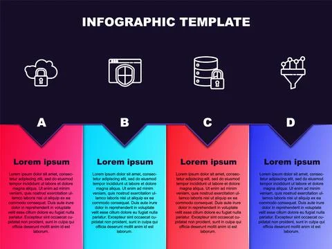 Set line Cloud computing lock, Browser with shield, Server security and Sales Stock Illustration