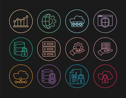 Set line Cloud computing lock, Server, Data, Web Hosting, Password protection Illustrazione stock