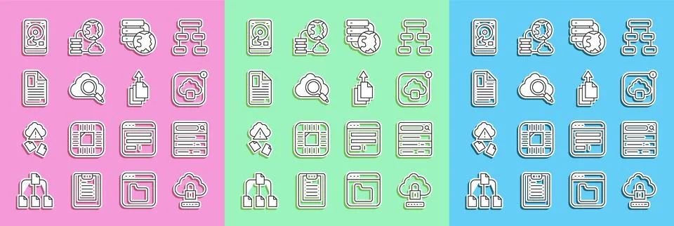 Set line Cloud computing lock, Search engine, technology data transfer, Network Stock Illustration