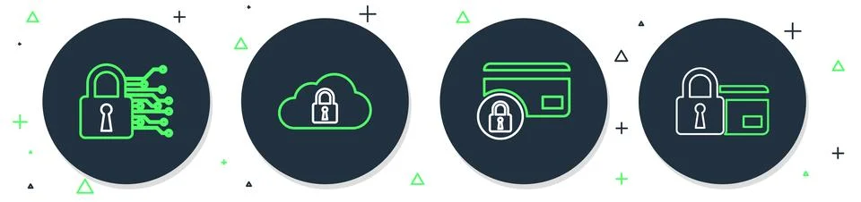 Set line Cloud computing lock, Credit card with, Cyber security and icon. Vector Stock Illustration