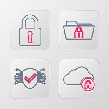 Set line Cloud computing lock, Cyber security, Folder and and Lock icon. Vector Stock Illustration