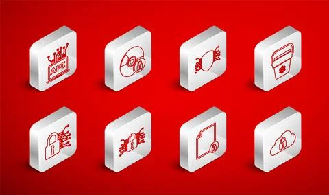 Set line Cloud computing lock, CD or DVD disk with, Cyber security, Cooler bag 스톡 일러스트