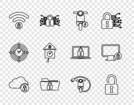 Set line Cloud computing lock, Open padlock, Electric scooter, Folder and, Wi イラスト素材