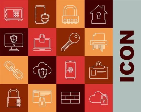 Set line Cloud computing lock, Identification badge, Paper shredder confident Ilustração Stock