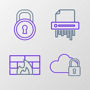 Set line Cloud computing lock, Firewall, security wall, Paper shredder confid 스톡 일러스트
