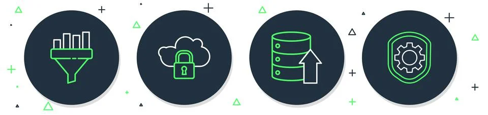 Set line Cloud computing lock, Server, Data, Web Hosting, Sales funnel with c Illustrazione stock