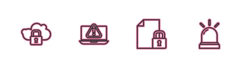 Set line Cloud computing lock, Document and, Laptop with exclamation mark and Stock Illustration