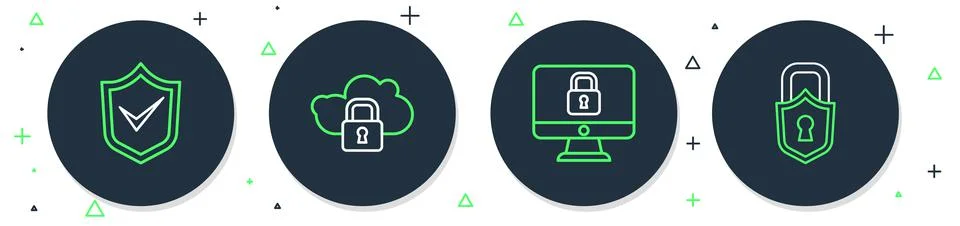 Set line Cloud computing lock, Lock on computer monitor, Shield with check ma 스톡 일러스트