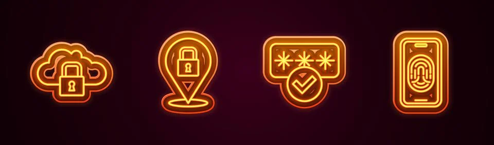 Set line Cloud computing lock, Lock, Password protection and Mobile with Illustrazione stock