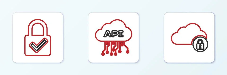 Set line Cloud computing lock, Lock and check mark and api interface icon 스톡 일러스트