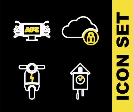 Set line Cloud computing lock, Retro wall watch, Electric scooter and Computer 스톡 일러스트