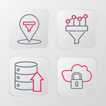 Set line Cloud computing lock, Server, Data, Web Hosting, Sales funnel with Illustrazione stock