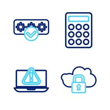 Set line Cloud computing lock, Laptop with exclamation mark, Password protection Illustrazione stock