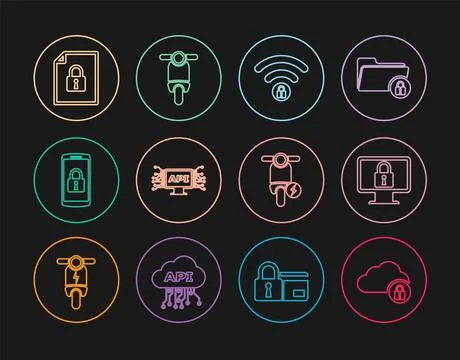 Set line Cloud computing lock, Lock on monitor, Wifi locked, Computer api Stock Illustration