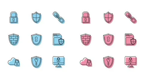 Set line Cloud computing lock, Shield with key, Lock, on computer monitor screen Stock-Illustration