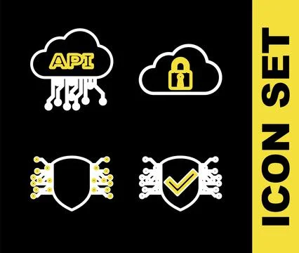 Set line Cloud computing lock, Cyber security, and api interface icon. Vector Stock Illustration
