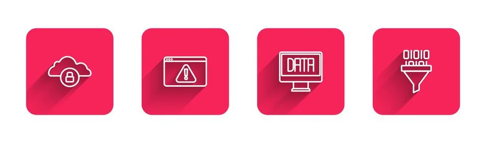 Set line Cloud computing lock, Browser with exclamation mark, Data analysis and Illustrazione stock
