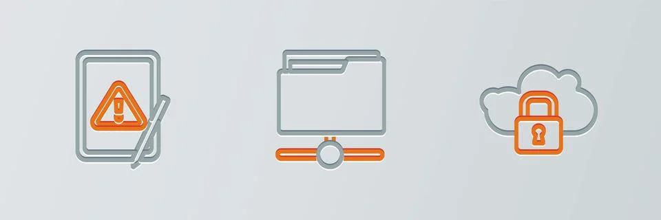 Set line Cloud computing lock, Tablet with exclamation mark and FTP folder icon Stock Illustration
