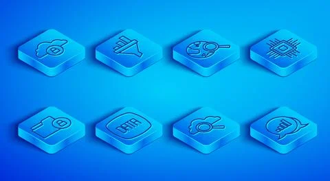 Set line Cloud computing lock, Sales funnel with chart, Search globe, Data Stock Illustration
