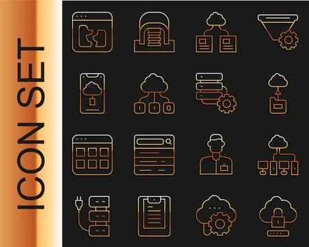 Set line Cloud computing lock, Computer network, technology data transfer Illustrazione stock