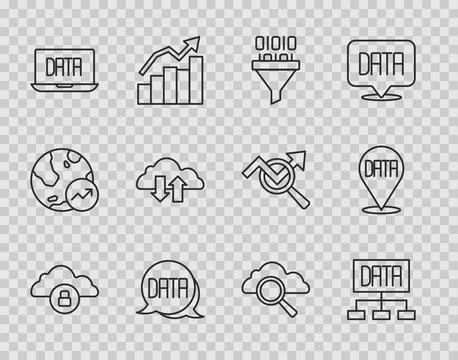 Set line Cloud computing lock, Data analysis, Binary code, download and upload Stock Illustration