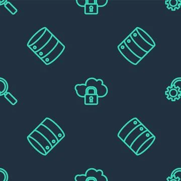 Set line Cloud computing lock, Server, Data, Web Hosting and Magnifying glass Illustrazione stock