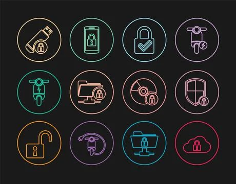 Set line Cloud computing lock, Shield security with, Lock and check mark, FTP Stock Illustration