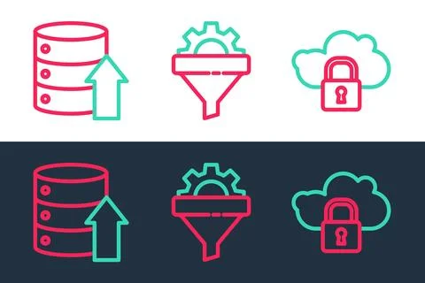 Set line Cloud computing lock Server Data Web Hosting and Sales funnel with g Stockillustratie