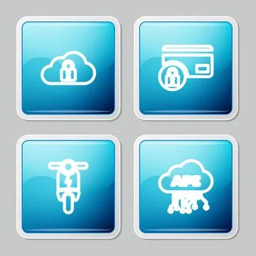 Set line Cloud computing lock, Credit card with, Electric scooter and api int Stock Illustration