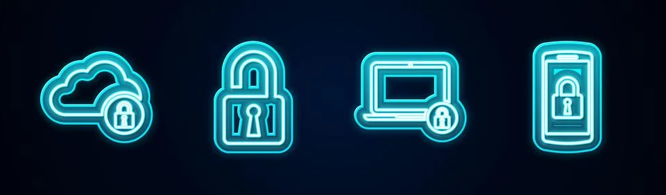 Set line Cloud computing lock, Open padlock, Laptop and and Smartphone with.  Stock Illustration