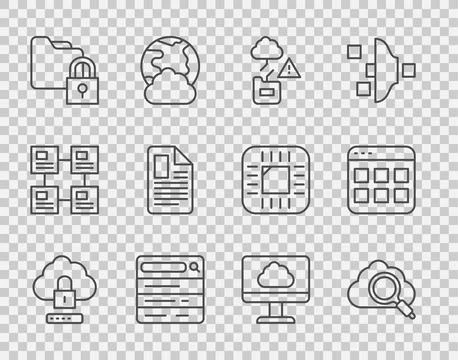 Set line Cloud computing lock, Search cloud, technology data transfer, engi.. 스톡 일러스트