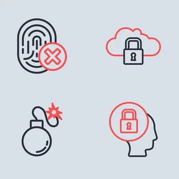 Set line Cloud computing lock, Bomb, Lock and Cancelled fingerprint icon. V.. Illustrazione stock