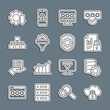 Set line Cloud computing lock, Server and gear, Document, Monitor with pass.. Illustrazione stock