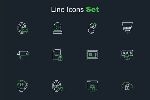 Set line Cloud computing lock, Folder and, Fingerprint, Ringing alarm bell,.. Illustrazione stock