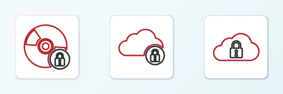 Set line Cloud computing lock, CD or DVD disk with and  icon. Vector 스톡 일러스트