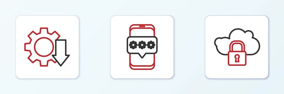 Set line Cloud computing lock, Cost reduction and Mobile and password icon... 库存插图