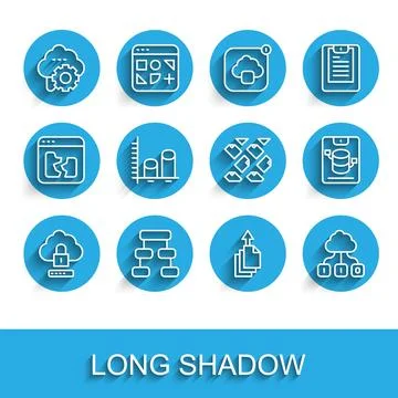 Set line Cloud computing lock, Hierarchy organogram chart, technology data .. Stock Illustration
