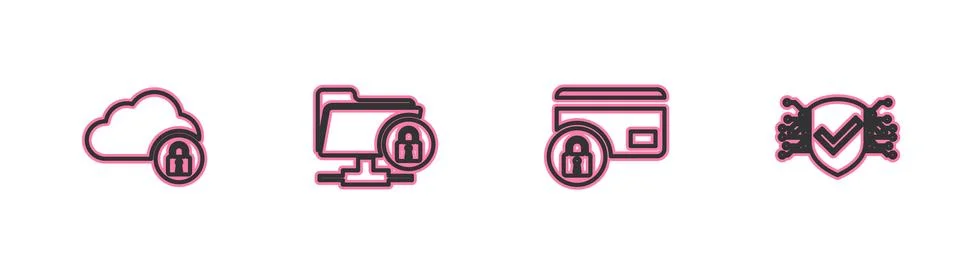Set line Cloud computing lock, Credit card with, FTP folder and and Cyber sec Stock Illustration