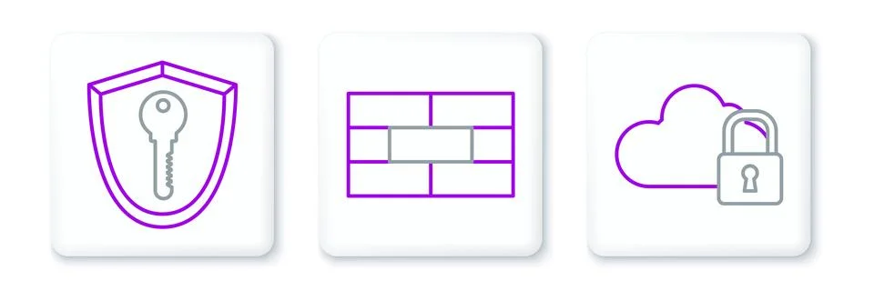Set line Cloud computing lock, Shield with key and Bricks icon. Vector Stock Illustration
