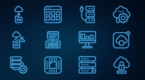 Set line Cloud computing lock, technology data transfer, Server, Server, Da.. Illustrazione stock