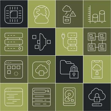 Set line Cloud computing lock, technology data transfer, Hierarchy organogr.. Stock Illustration
