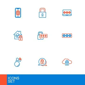 Set line Cloud computing lock, Lock, Bomb, Password protection, House under.. Ilustração Stock