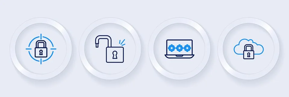 Set line Cloud computing lock, Laptop with password, Open padlock and Lock .. Stock Illustration