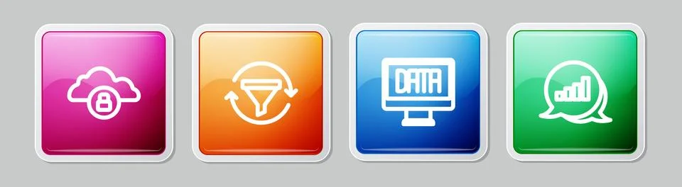 Set line Cloud computing lock, Sales funnel with chart, Data analysis and P.. Illustrazione stock